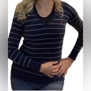 Ralph Lauren Blue Label Lightweight Blue & White Striped V-neck Sweater Sz Small